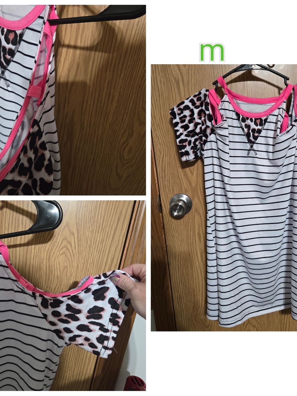 Striped Cold-Shoulder Tunic with Leopard Print and Pink Trim